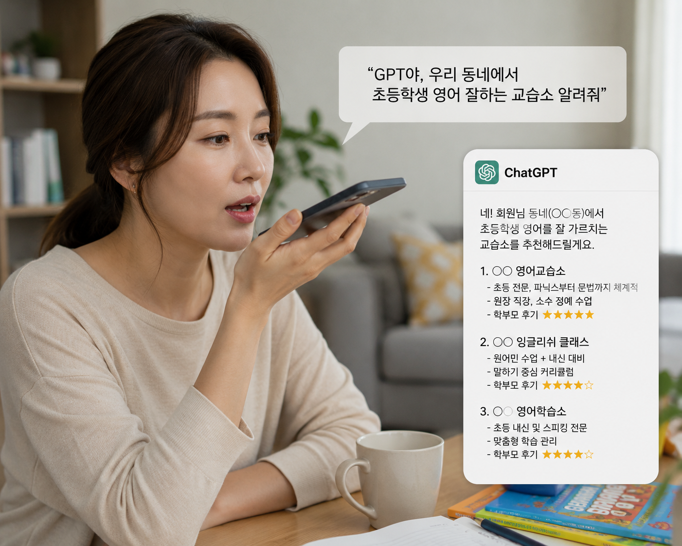 학부모가 ChatGPT에게 동네 교습소를 추천받는 장면